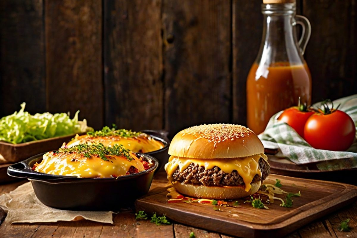 Goldbraun überbackener Cheeseburger-Auflauf mit geschmolzenem Cheddar, Hackfleisch und Burger-Buns in einer Auflaufform