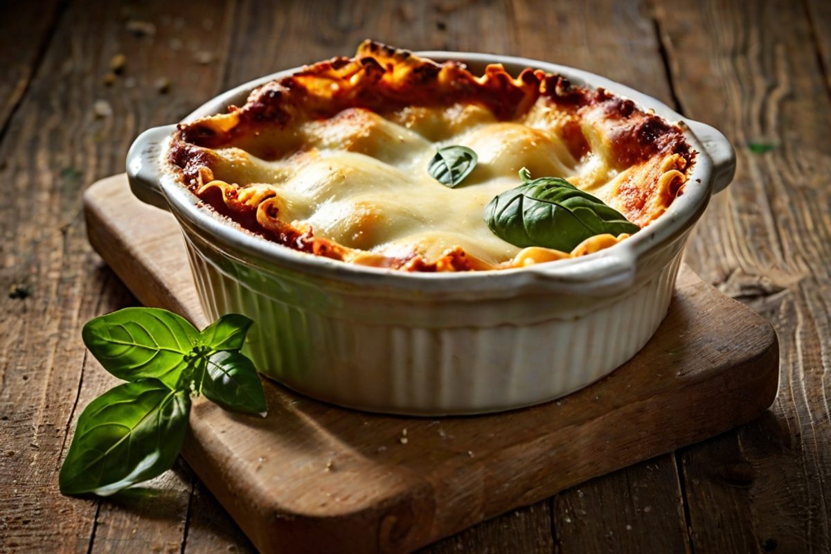 Cremige Käse-Lasagne mit goldbrauner Käsekruste, angeschnitten in einer Auflaufform