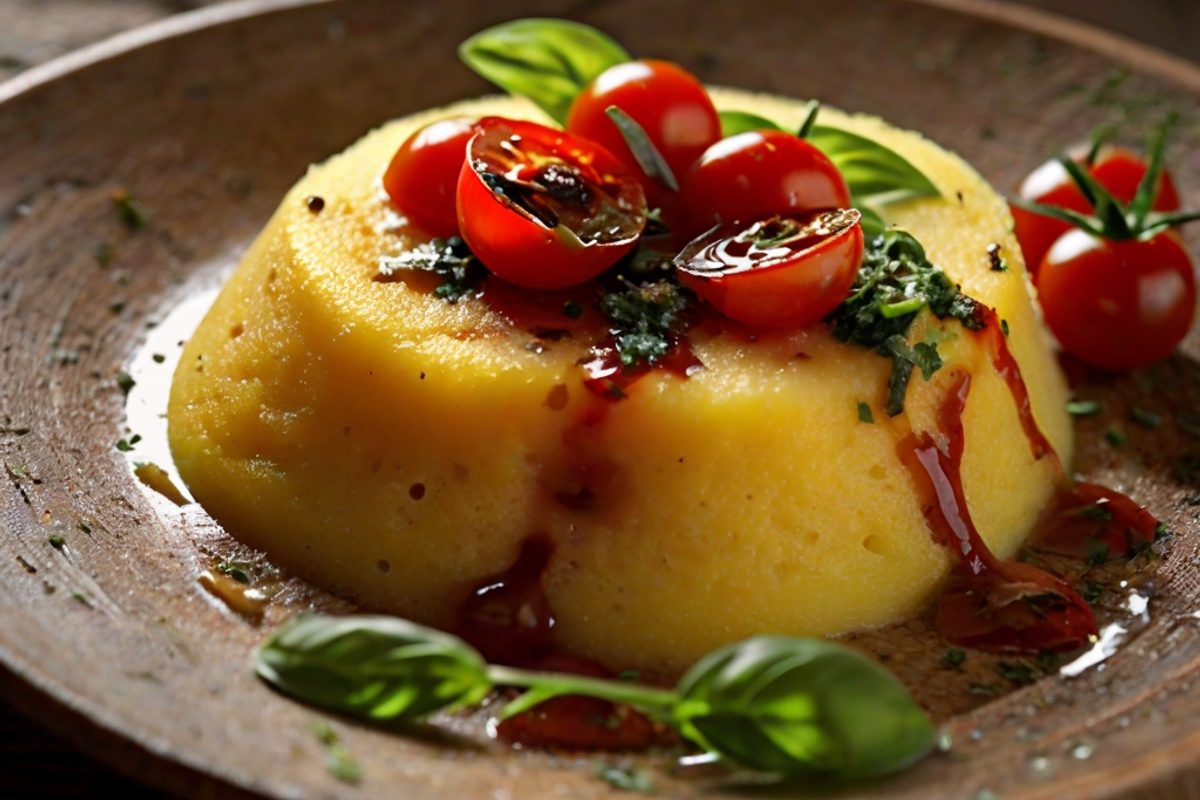 Cremige Käse-Polenta in einem Teller mit geschmorten Ofentomaten und gehobeltem Parmesan