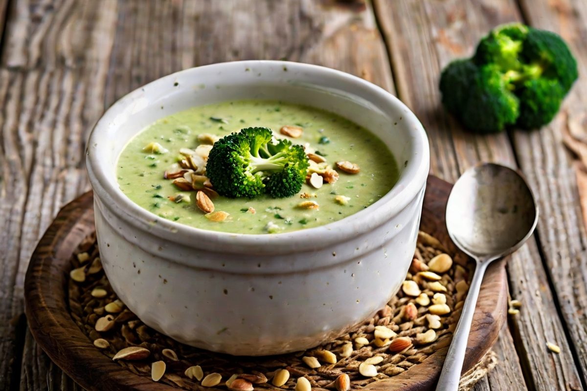 Cremige Käsesuppe mit Brokkoli in einer weißen Schale, garniert mit geriebenem Käse und frischem Pfeffer