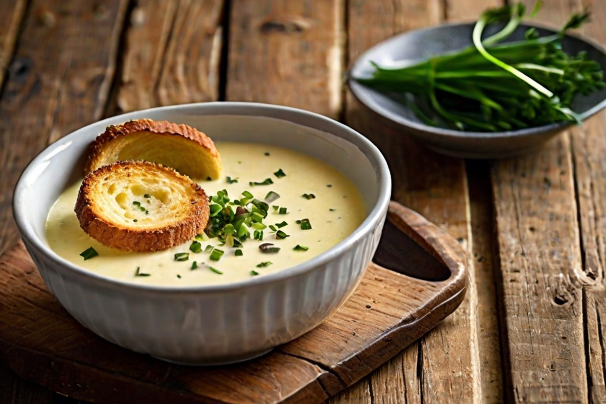 Cremige Käsesuppe mit geröstetem Lauch und Croûtons in einer weißen Schale, von oben fotografiert