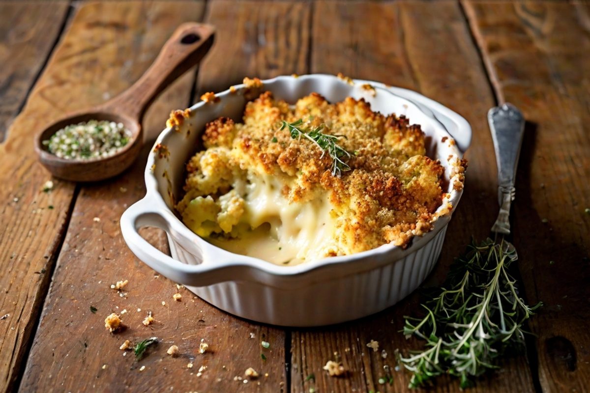 Goldbraun überbackener Blumenkohl-Käse-Gratin in einer Auflaufform mit cremiger Käsesoße und knuspriger Kruste