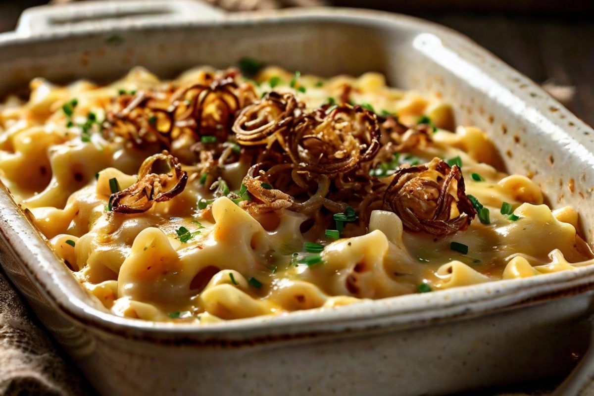 Goldbraun überbackener Spätzle-Käse-Auflauf mit geschmolzenem Bergkäse und knusprigen Röstzwiebeln in einer Auflaufform