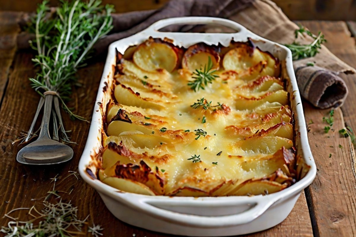 Goldbraun überbackenes Kartoffel-Käse-Gratin mit Gruyère in einer weißen Auflaufform, cremige Schichten sichtbar