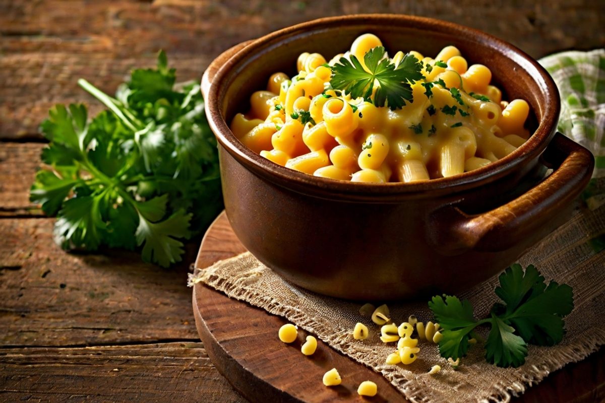 Cremiges Mac and Cheese mit goldgelber Cheddar-Käsesoße in einem Topf, garniert mit Petersilie