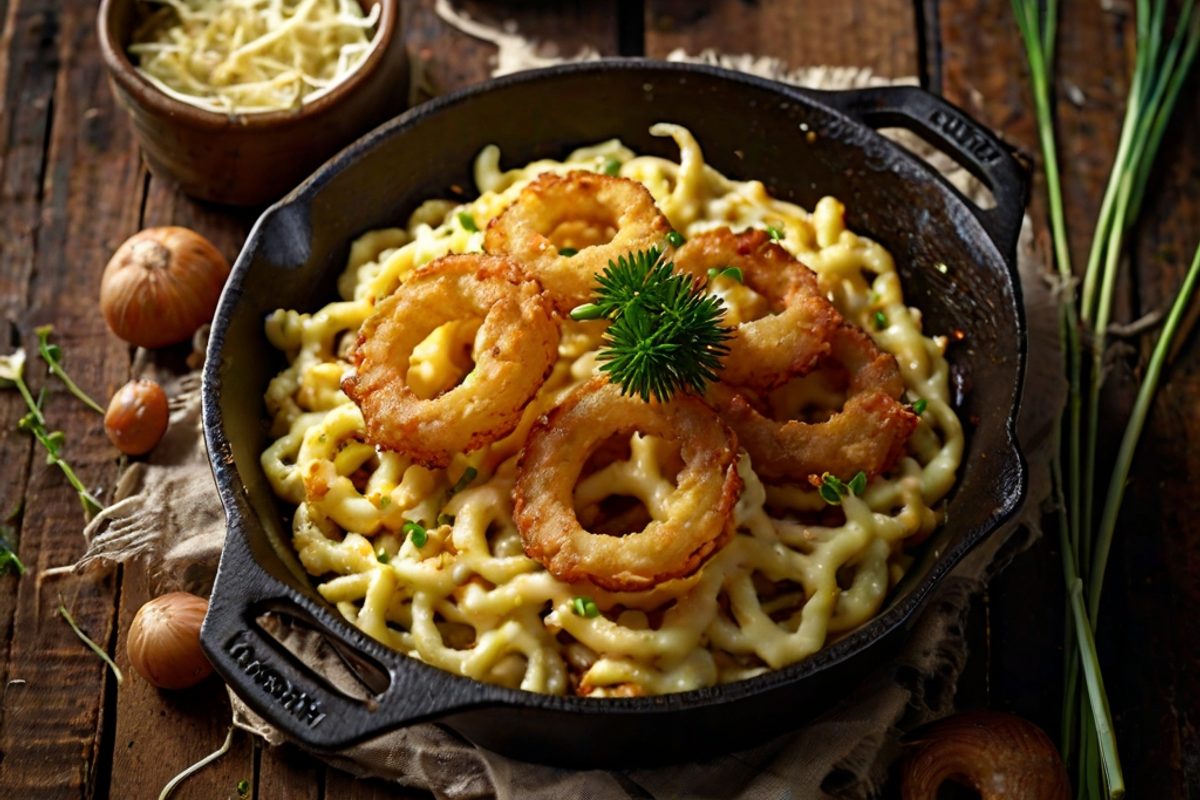 Goldbraune Käsespätzle mit geschmolzenem Käse und knusprigen Röstzwiebeln in einer gusseisernen Pfanne