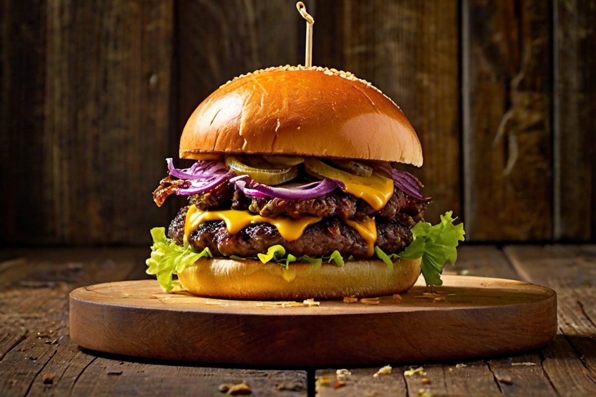 Doppelter Smash Cheeseburger mit geschmolzenem Cheddar und karamellisierten Zwiebeln im goldenen Brioche-Bun