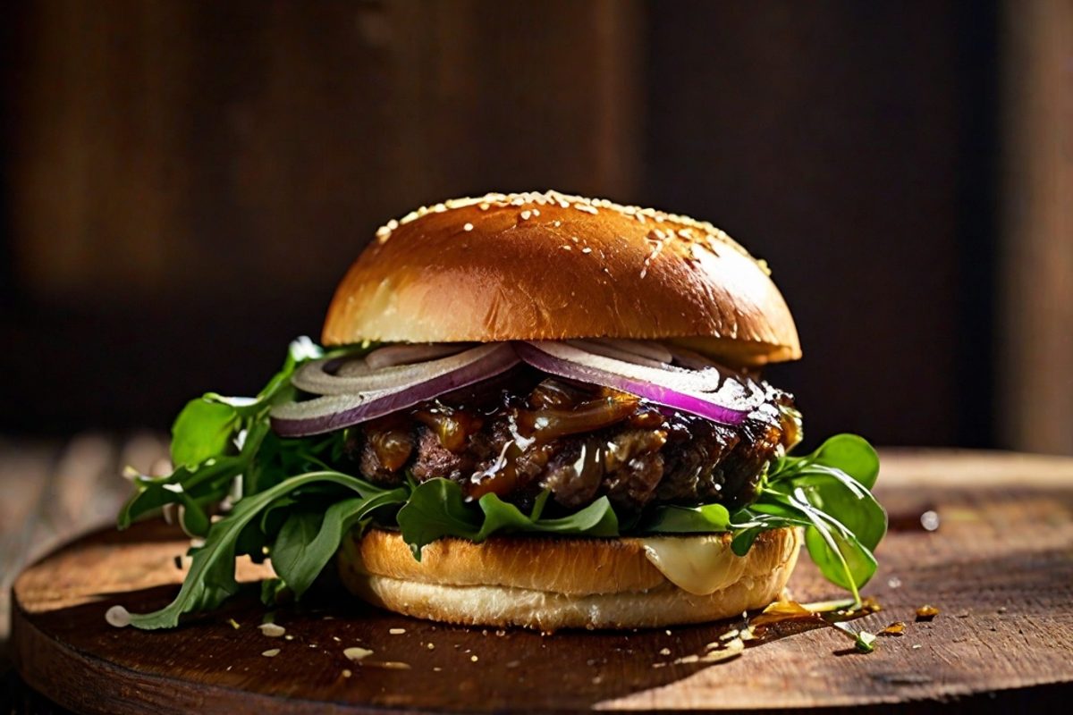 French Onion Cheeseburger mit geschmolzenem Gruyère und karamellisierten Zwiebeln auf getoastetem Brötchen