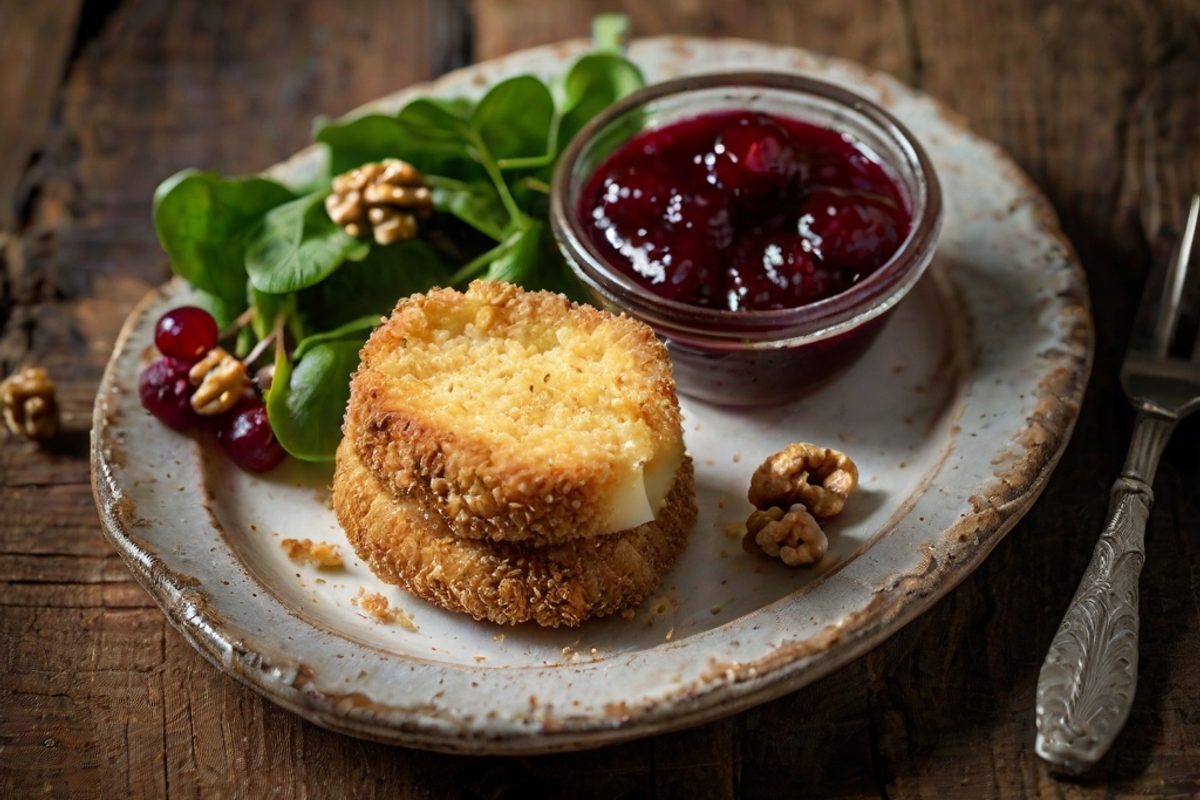 Goldbraun panierte, gebackene Camembert-Taler mit einem Klecks roter Preiselbeeren auf einem Teller