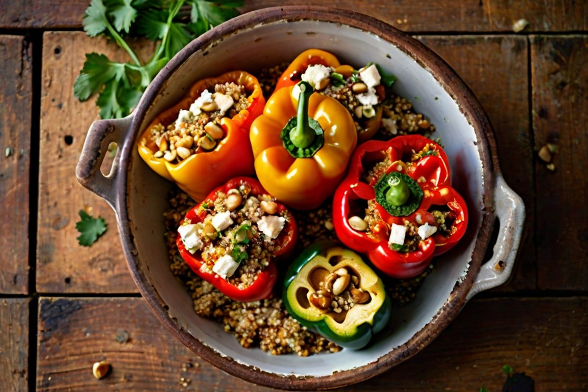 Gefüllte Ofen-Paprika mit Halloumi, Quinoa und Gemüse, mit goldbraun überbackenem Feta und frischer Petersilie bestreut