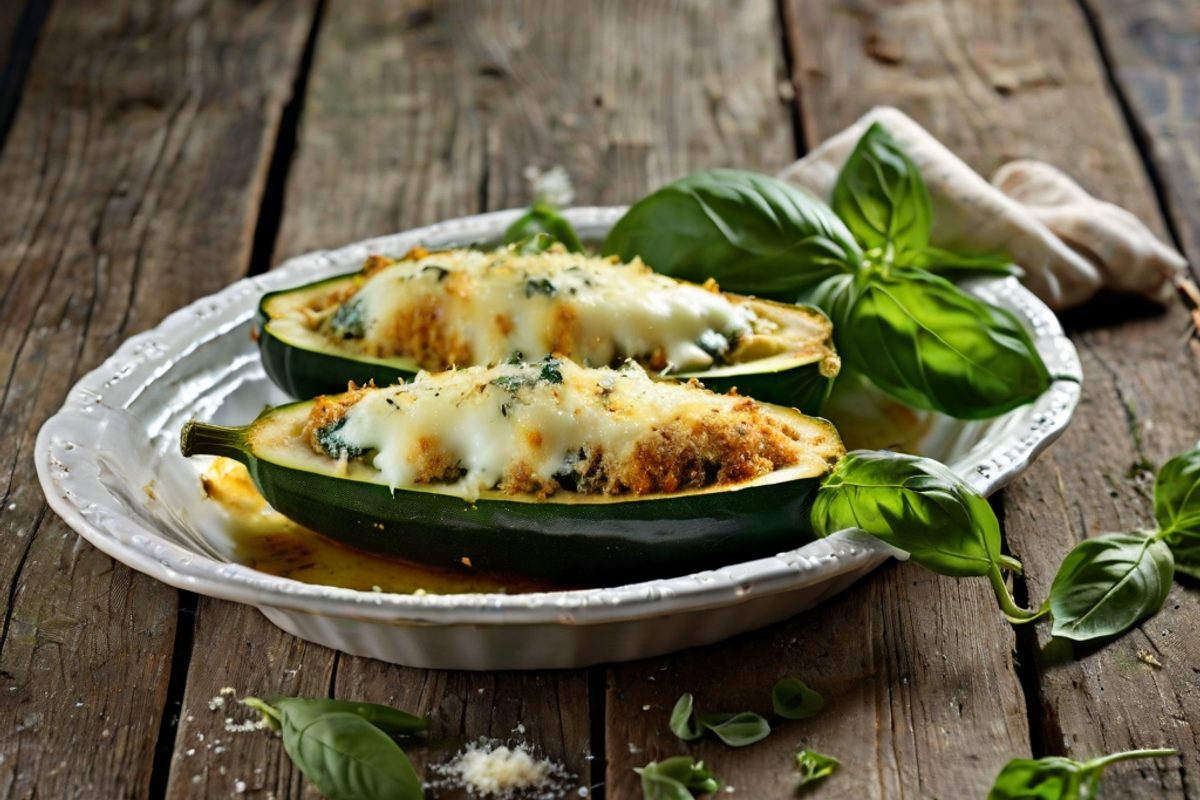Goldbraun überbackene gefüllte Zucchinihälften mit Ricotta-Spinat-Füllung und Parmesankruste in einer Auflaufform
