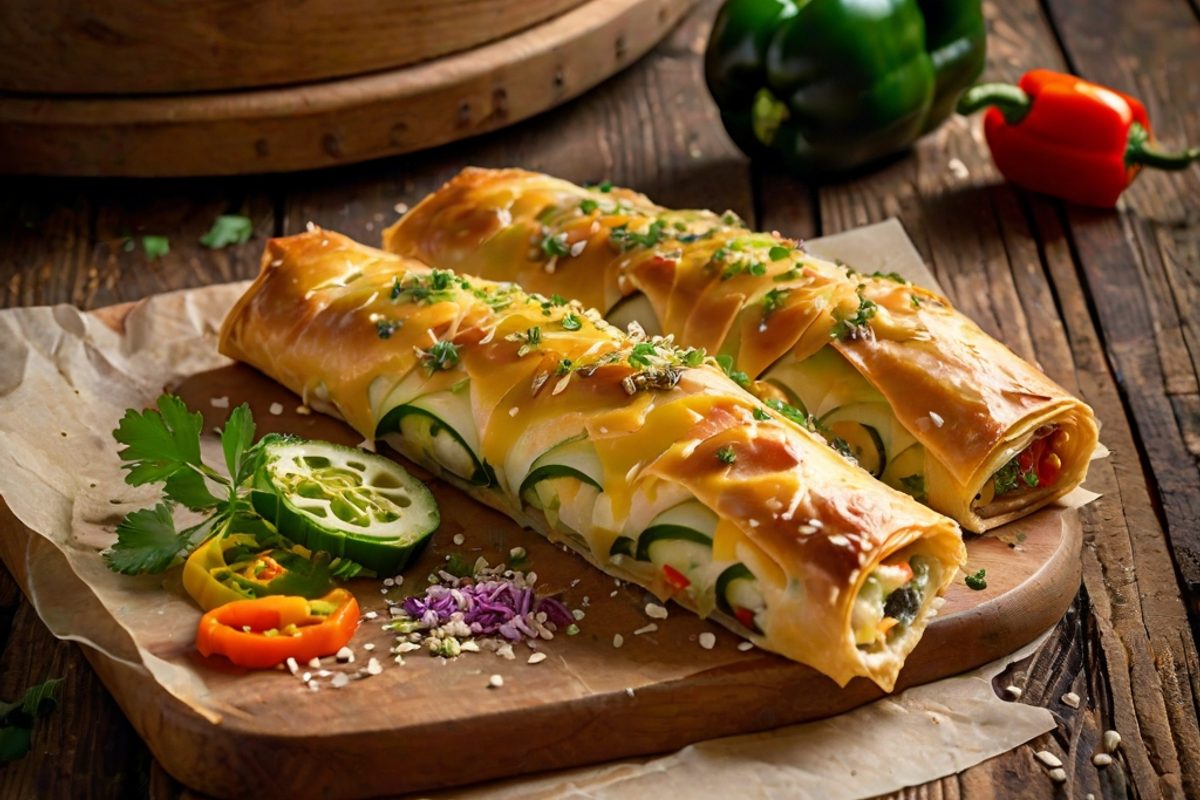 Goldbraun gebackener Gemüse-Käse-Strudel in Scheiben mit sichtbarer Füllung aus Paprika, Zucchini und geschmolzenem Emmentaler