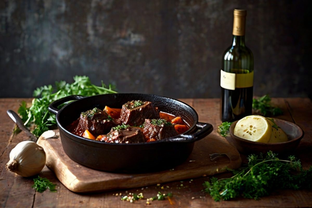 Geschmorte Rinderbeinscheibe im Tomaten-Rotwein-Sud mit Gremolata und Knochenmark im Gusseisentopf