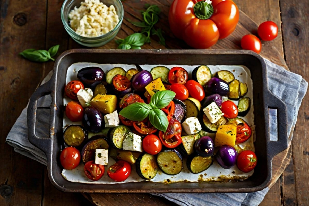Buntes Ofengemüse mit Zucchini, Paprika und Kirschtomaten, überbacken mit goldbraunem Feta auf einem Backblech