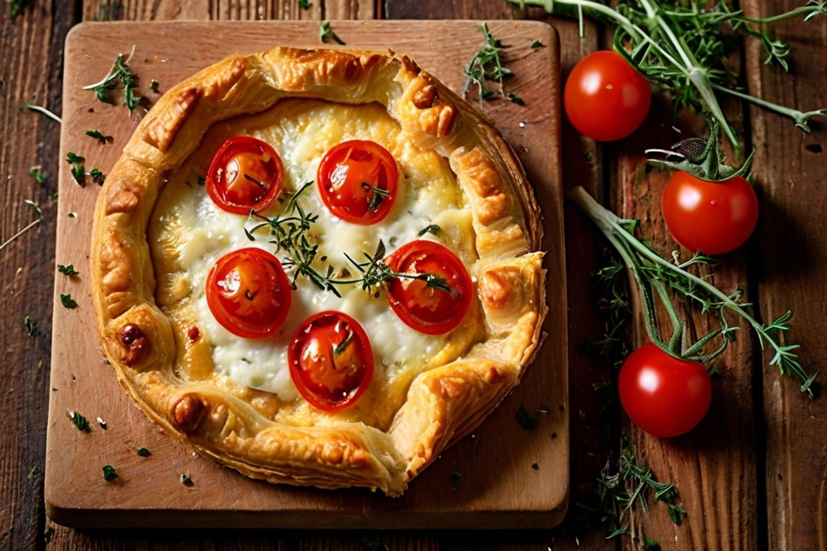 Goldbraun gebackene herzhafte Käse-Tarte aus Blätterteig mit Cherrytomaten und geschmolzenem Käse, angeschnitten auf einem Holzbrett