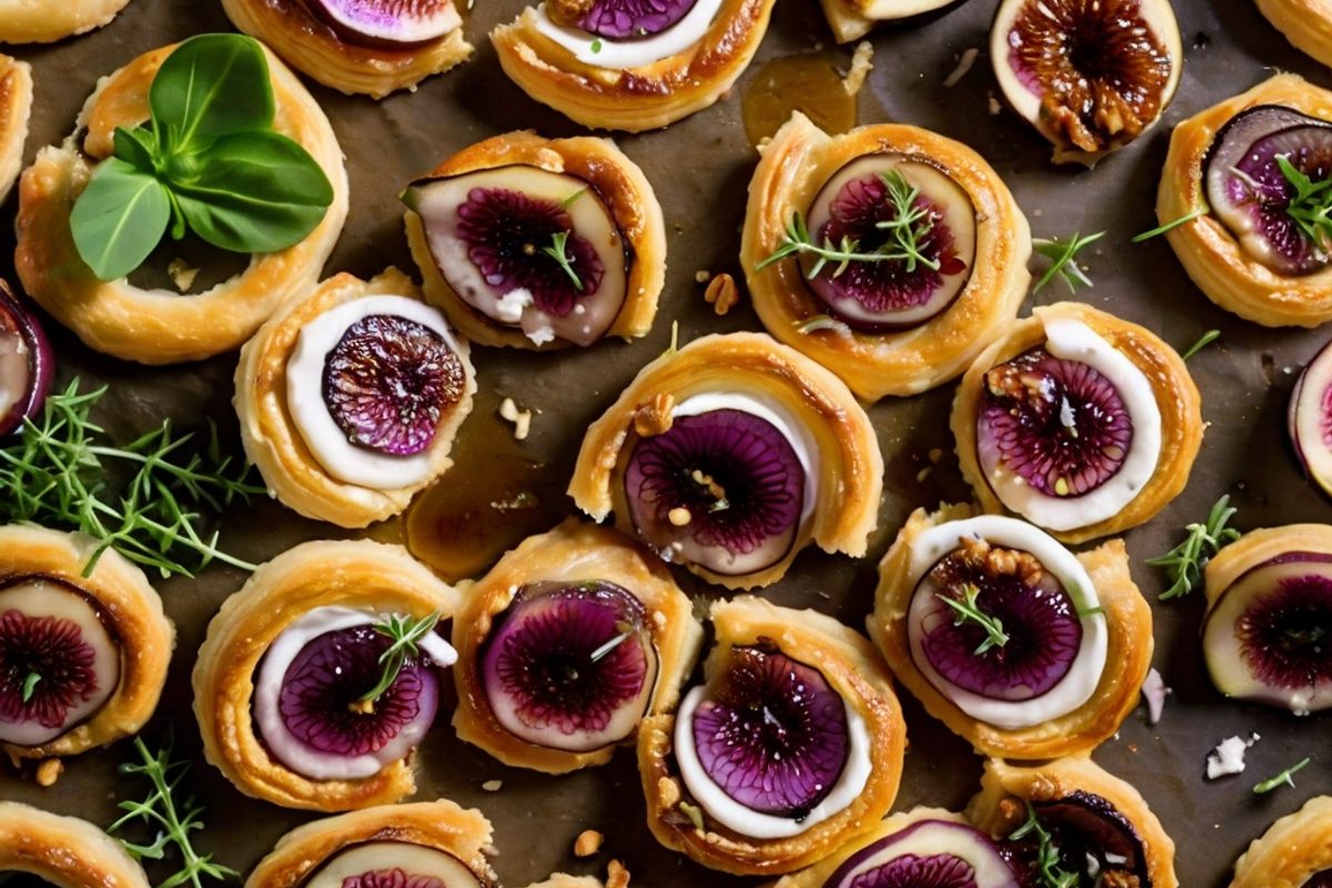 Goldbraune Blätterteig-Tarte mit geschmolzenem Ziegenkäse, Feigenspalten, Honig und Thymian auf einem Backblech