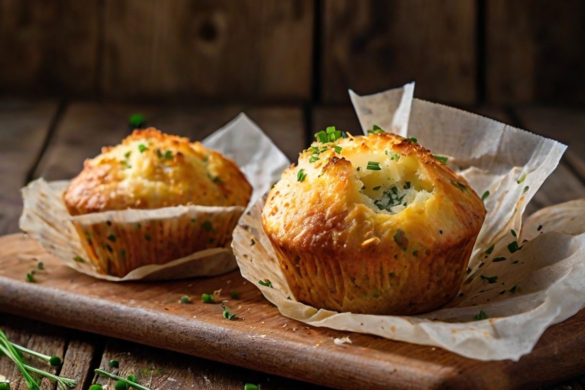 Herzhafte Käse-Muffins mit goldbrauner Kruste und Schnittlauch in Muffinförmchen auf einem Holzbrett