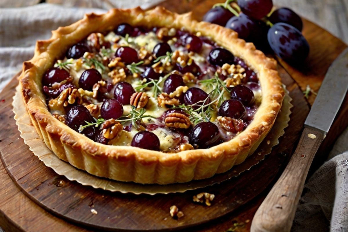 Angeschnittene herzhafte Gorgonzola-Tarte mit goldbraunen Trauben und Walnüssen auf einem Holzbrett