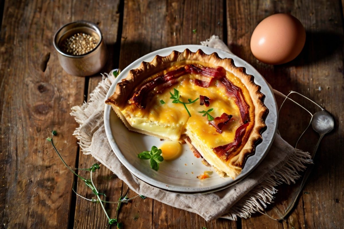 Goldbraun gebackene Quiche Lorraine mit Gruyère und Speck, angeschnitten auf Holzbrett