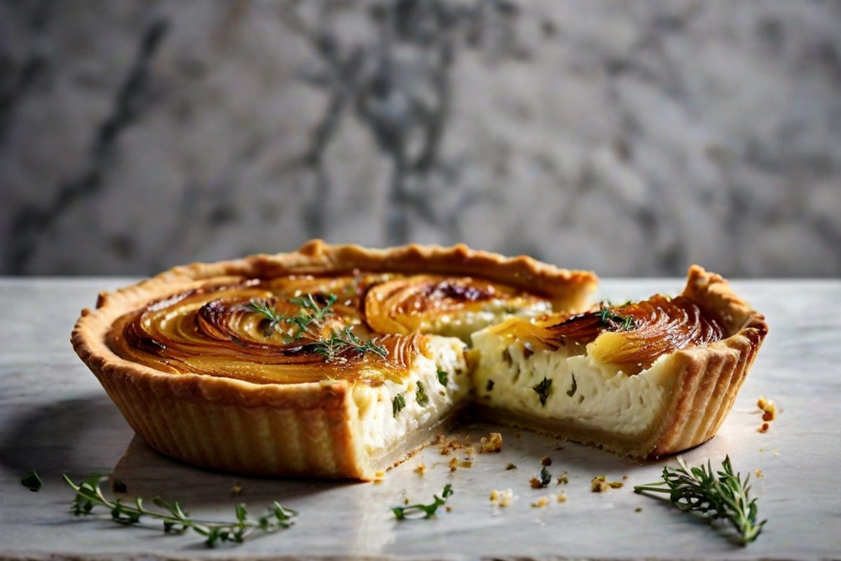 Goldbraune Ricotta-Tarte mit karamellisierten Zwiebeln und frischem Thymian, ein Stück angeschnitten