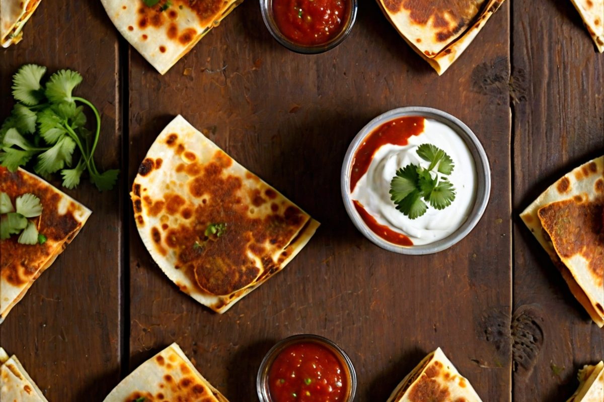 Goldbraun gebratene Käse-Quesadillas in Ecken geschnitten mit fadenziehendem Cheddar auf einem Holzbrett