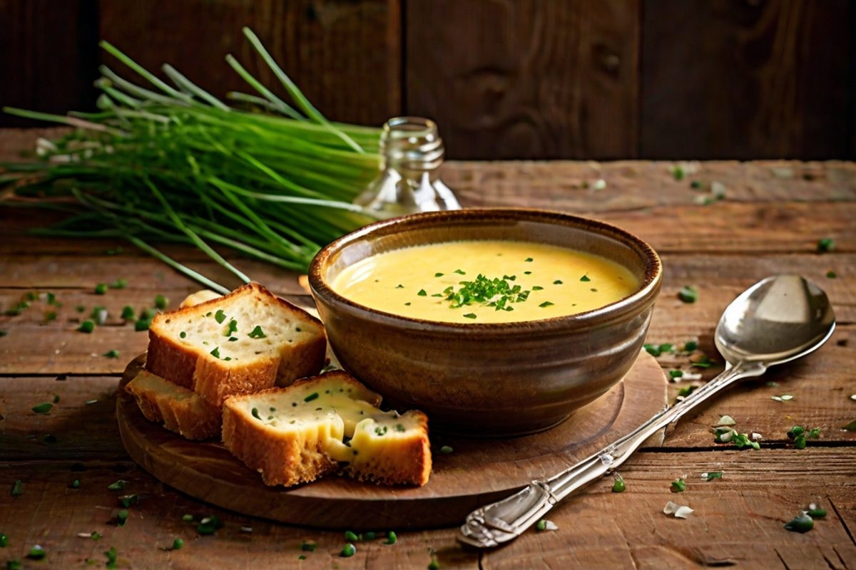 Cremige goldgelbe Käsesuppe in einer Schale mit knusprigen Croûtons und Schnittlauch