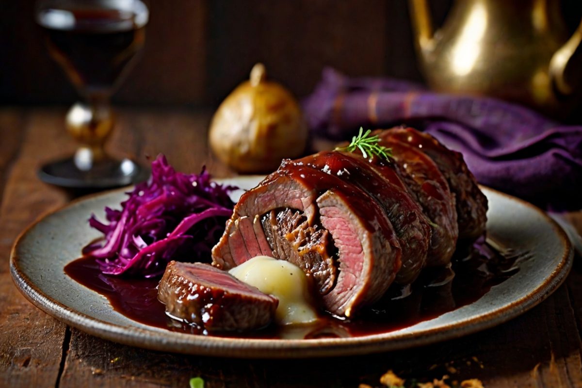 Aufgeschnittene klassische Rinderrouladen mit Speck-Gurken-Füllung in dunkler Soße, dazu Rotkohl und Kartoffelklöße