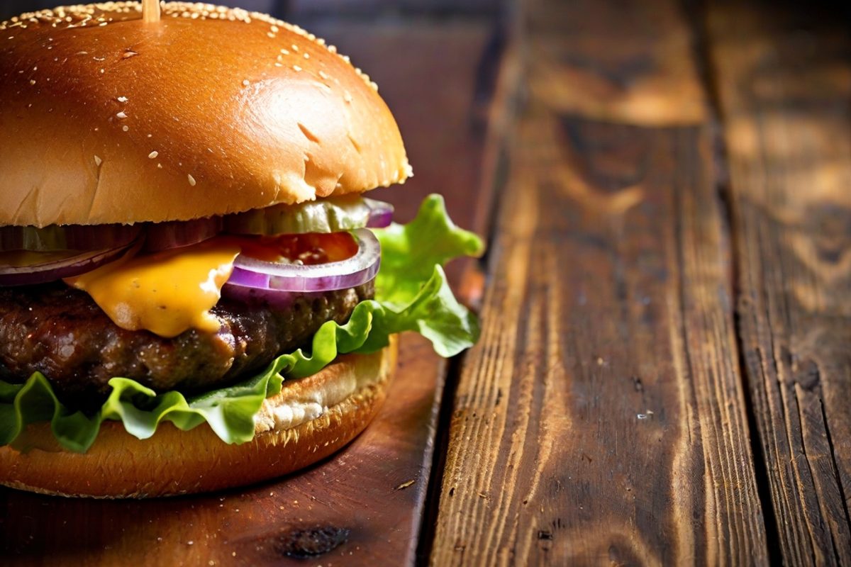 Saftiger Cheeseburger mit geschmolzenem Cheddar, Salat, Tomate und Burgersoße im goldbraunen Brioche-Bun