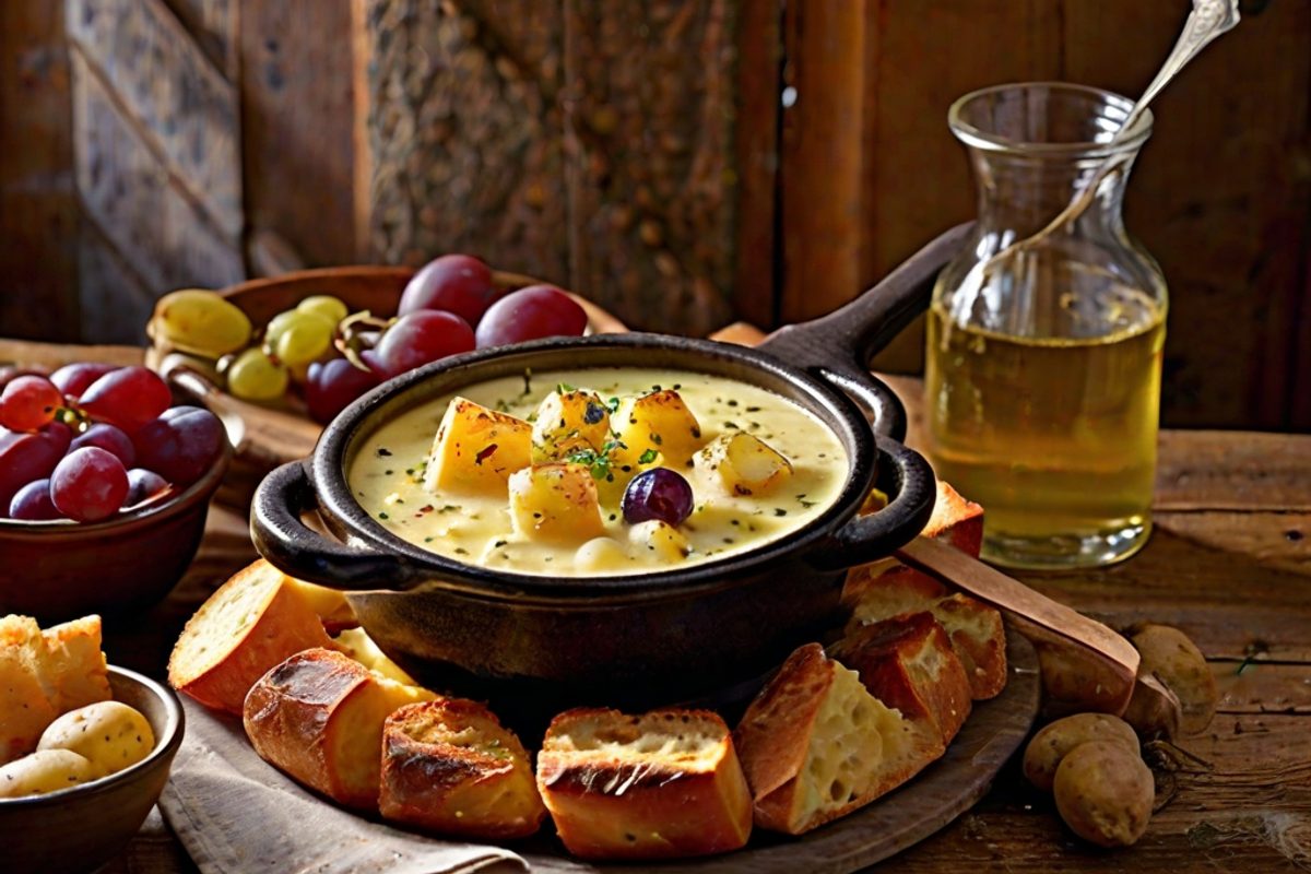 Blubberndes Savoyer Käsefondue im Caquelon mit Brotwürfeln auf Gabeln, umgeben von Trauben und Cornichons